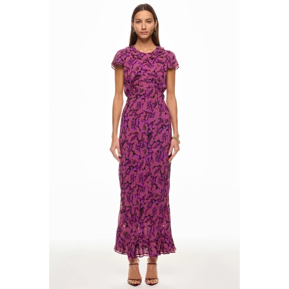B27 Ciao Lucia Lili Maxi Dress XS Purple Floral Ruffle Cap Sleeve Formal Gala